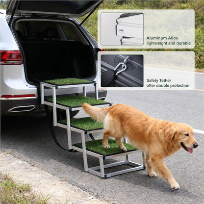 Foldable Dog Stairs for Cars, 4 Steps Wide Dog Ramp for Large Dogs with Non-Slip Surface, Lightweight Aluminum Foldable Steps for High Beds, Cars, SUVs, Trucks, Supports up to 250 lbs