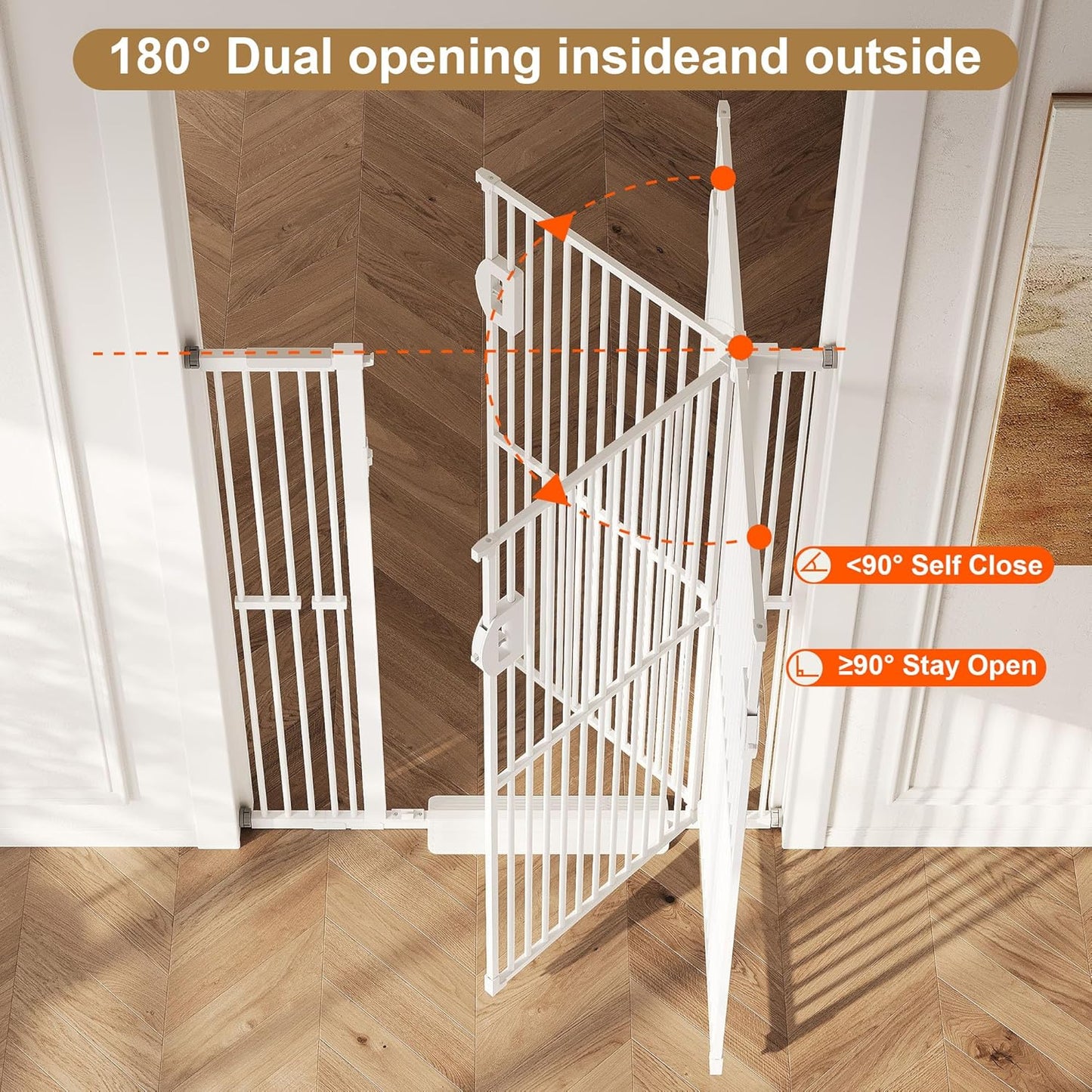Jekriuet 57" Extra Tall Pet Gate, Auto Close Dog Door Pressure Mounted No Drilling for Doorways, Hallways, Stairs, Expandable 27.5"-38.5" Wide, Narrow 1.18" Spacing for Small Dogs & Puppies, Black