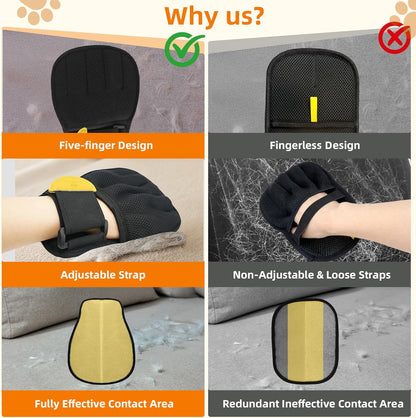 Pet Hair Removal Glove for Cats & Dogs, Patented Adjustable Strap, Reusable Five-Finger Grooming Glove with Secure Non-Slip Fit for Couch, Carpet, Clothing & Car Seat, 2 Pcs