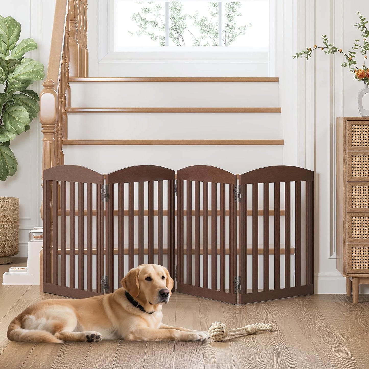 SPIRICH 96" Extra Wide 28" Tall Wooden Freestanding Foldable Dog Gate, Pet Gate Indoor, 4 Panels, White