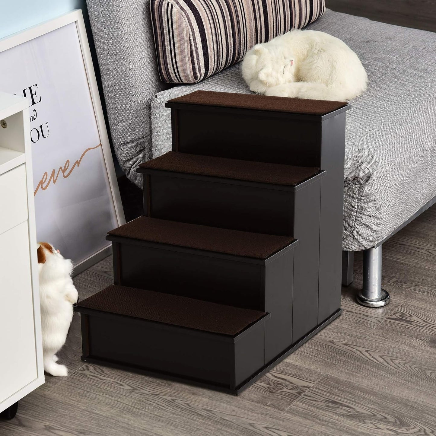 PawHut Pet Stairs, Small Pet Steps with Cushioned Removable Covering for Dogs and Cats Up to 22 Lbs., Natural