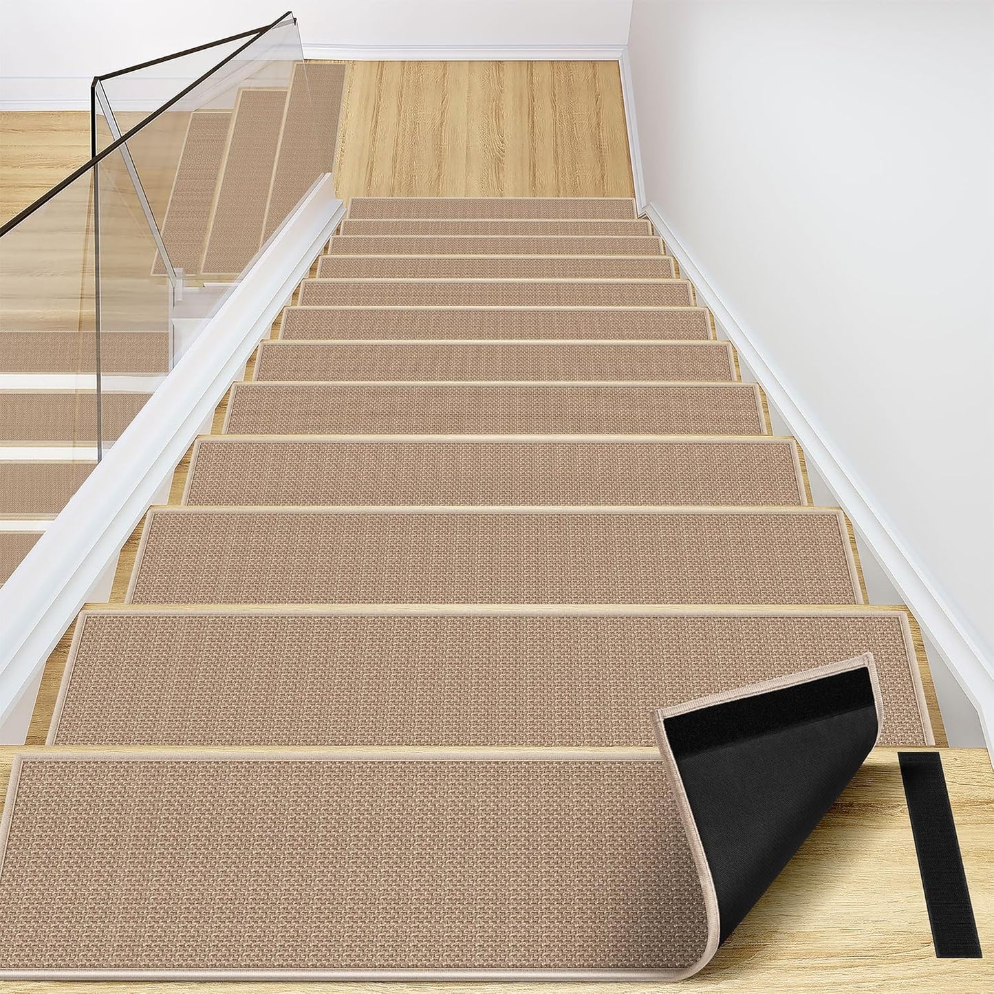 Peel and Stick Adhesive Stair Treads for Wooden Steps Indoor Set of 15 Pack, Rubber Backed Non Slip Jute Stair Rug Step Pads for Pet Dog, Elders and Kids, Beige