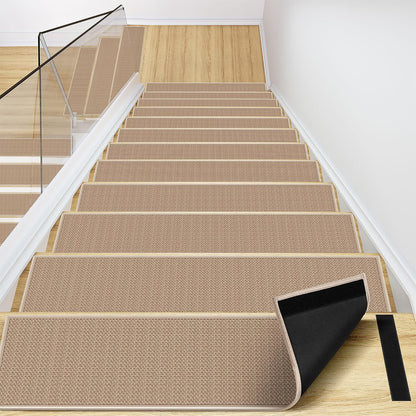 Peel and Stick Adhesive Stair Treads for Wooden Steps Indoor Set of 15 Pack, Rubber Backed Non Slip Jute Stair Rug Step Pads for Pet Dog, Elders and Kids, Beige