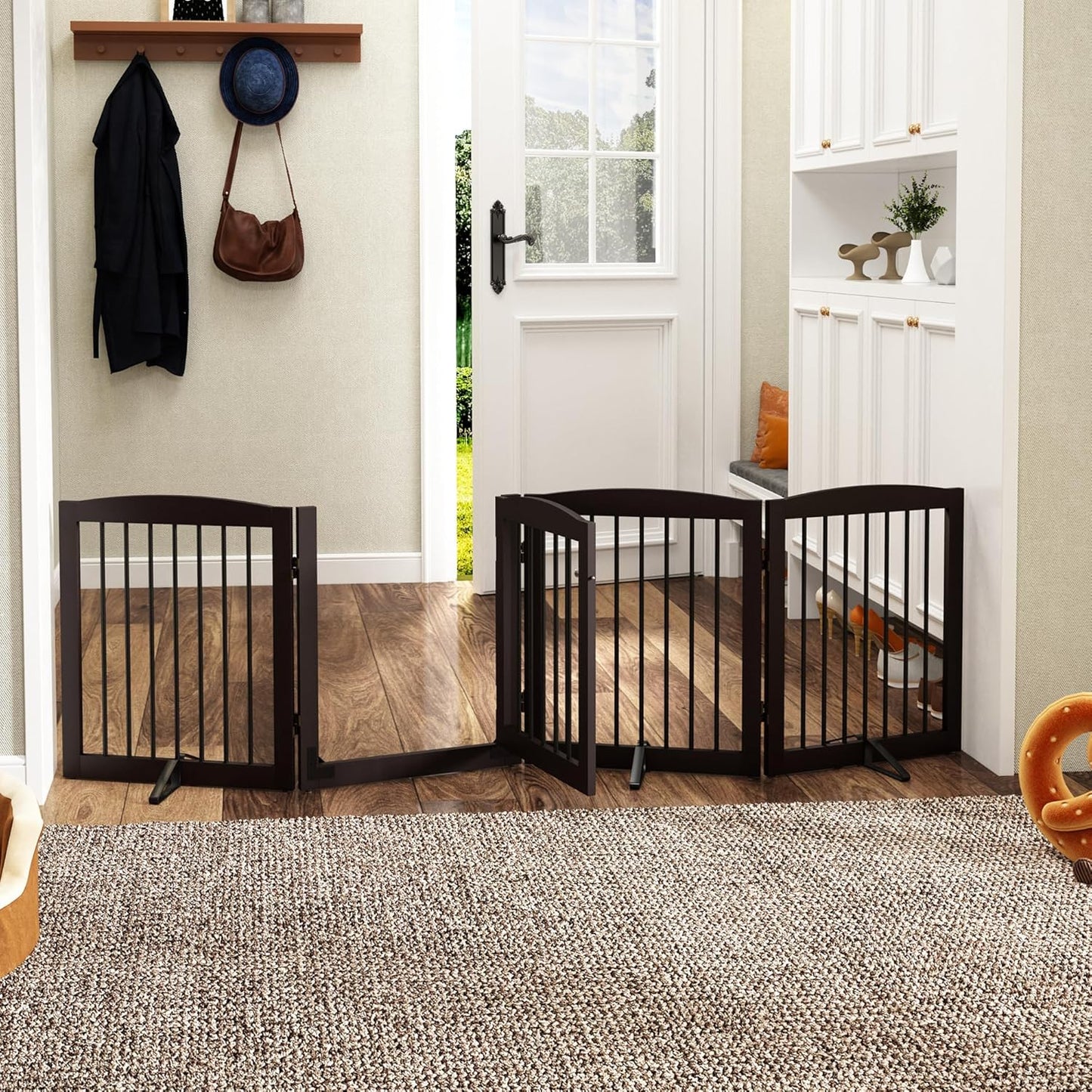 PUPETPO Freestanding Dog Gate with Door, Pet Gate for Stairs, 80 inch Wide Pet Barrier Indoor, Dog Fences Indoor, Support Feet Included, 4 Panels, 24" Tall, Dark Brown