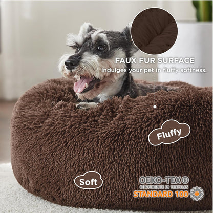 Bedsure Calming Dog Bed Medium Size Dog - Donut Washable Medium Pet Bed, 30 inches Anti-Slip Round Fluffy Plush Faux Fur Cat Bed, Fits up to 45 lbs Pets, Camel