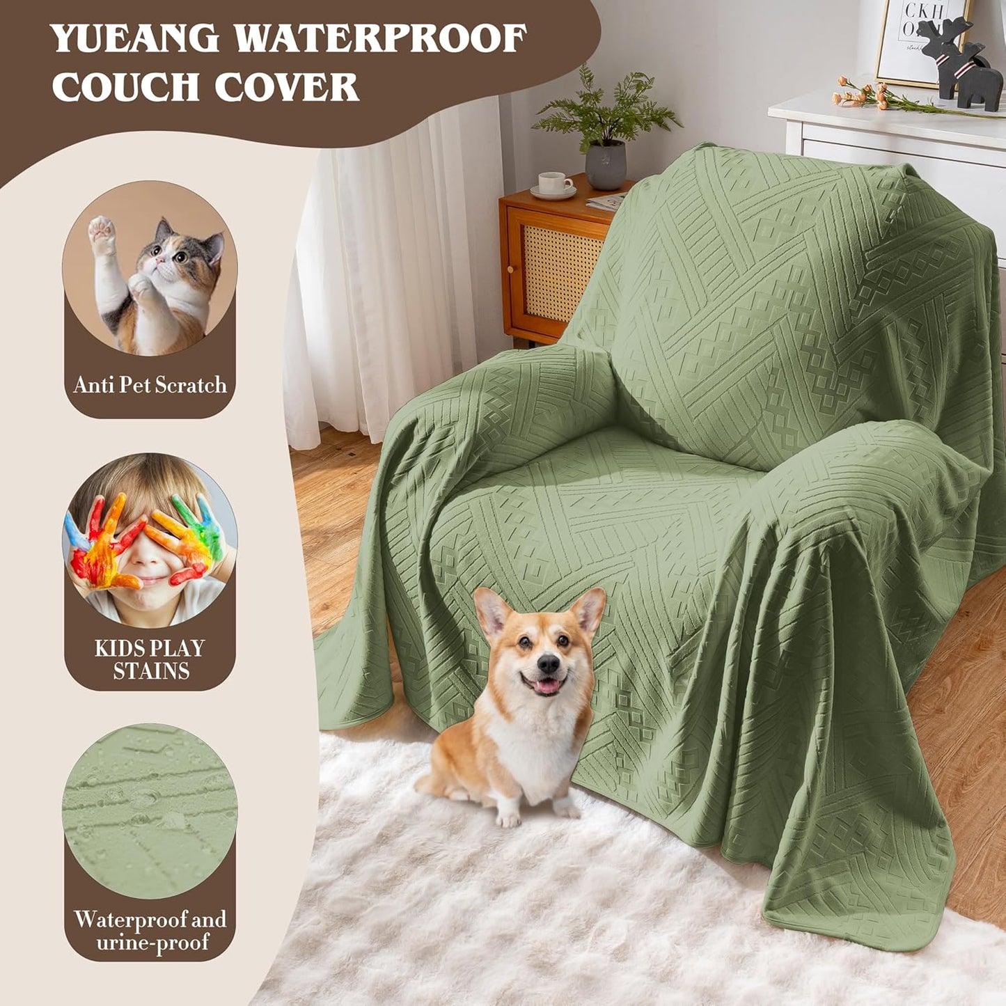 Waterproof Couch Cover, Reversible, Pet-Friendly, Washable and Anti-Slip Couch Covers for Sofa Protection with 3 Cushions, Sofa Slipcovers for Dogs and Cats (71×118in/Brown)