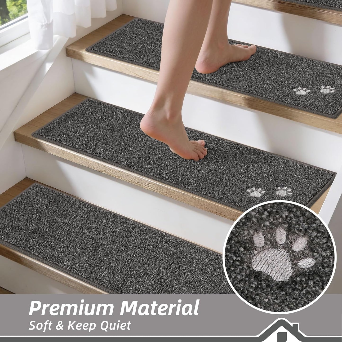 BEQHAUSE Stair Treads for Wooden Steps 28inX9in, Non Slip Carpet Stair Treads Indoor Stair Runners Machine Washable, Soft Stair Rugs Mat Surface Polyester TPE Backing, 4pcs, Charcoal