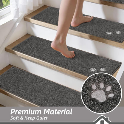 BEQHAUSE Stair Treads for Wooden Steps 28inX9in, Non Slip Carpet Stair Treads Indoor Stair Runners Machine Washable, Soft Stair Rugs Mat Surface Polyester TPE Backing, 4pcs, Charcoal