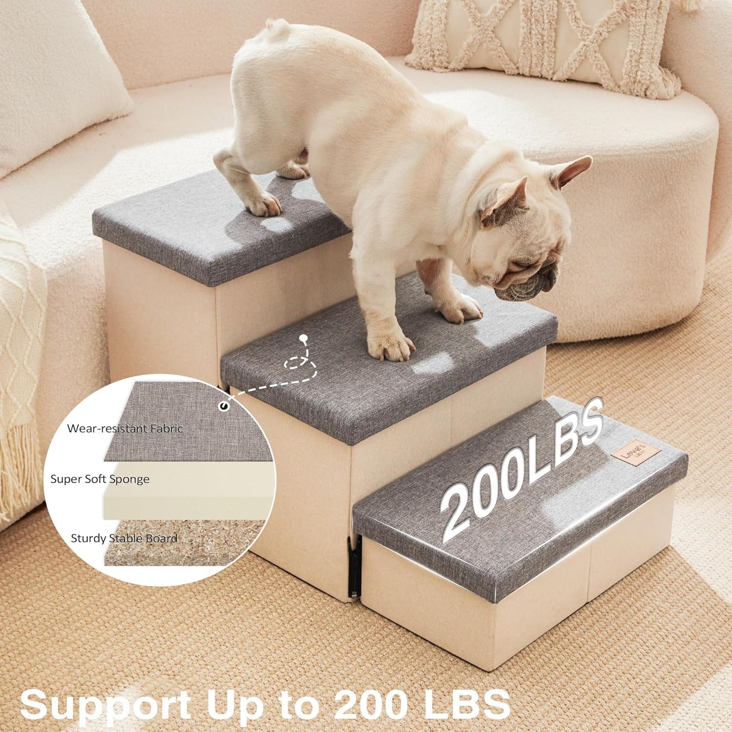 Love's cabin Dog Stairs with Storage 13" H, Foldable Pet Stairs for Small Medium or Large Dogs, Cat Puppy Steps Ramp with Zip up to 150 lbs, Solid Grey, 2 Steps