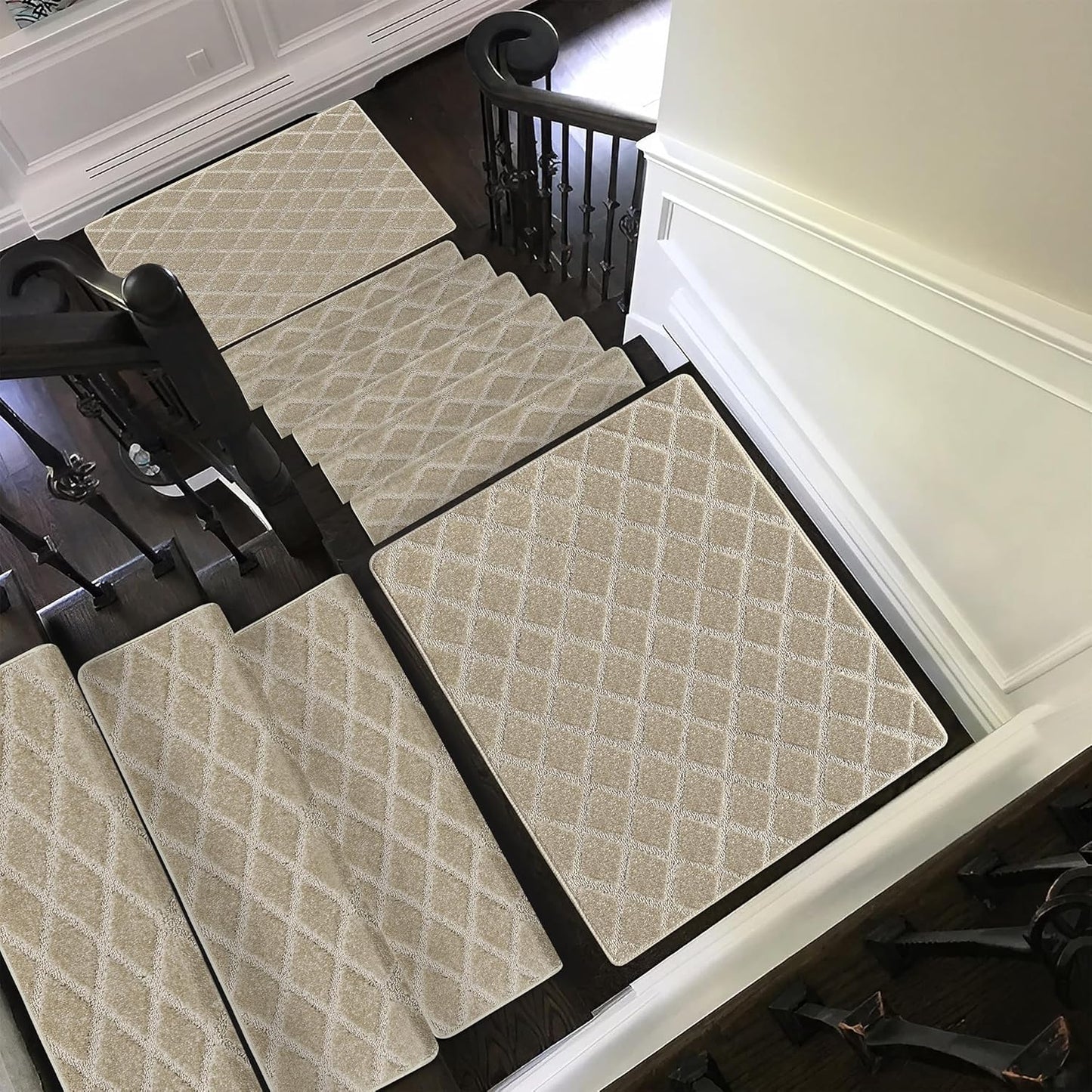 PURE ERA Bullnose Carpet Stair Treads Set Tape Free Non-Slip Indoor Stair Protectors Pet Friendly Rugs Covers Soft Skid Resistant Washable Reusable 9.5" x 30"(14 Pieces,Cream Gray)