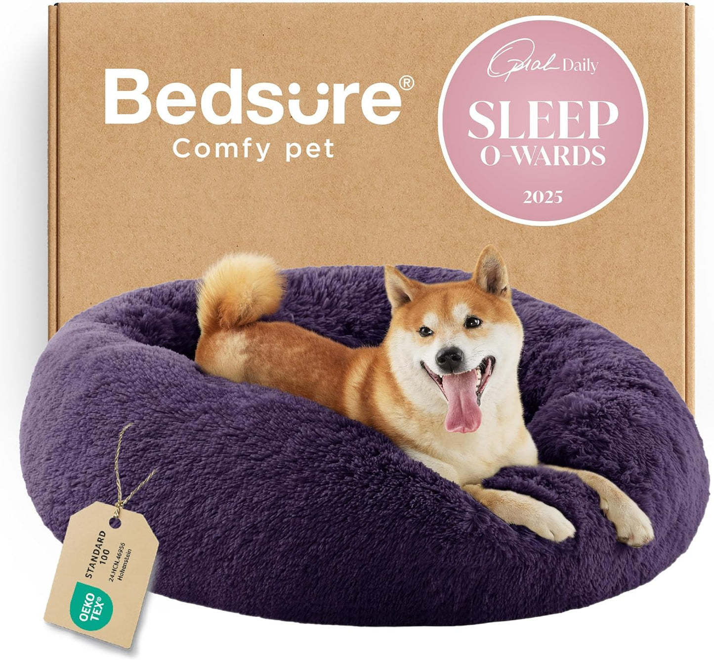Bedsure Calming Dog Bed Medium Size Dog - Donut Washable Medium Pet Bed, 30 inches Anti-Slip Round Fluffy Plush Faux Fur Cat Bed, Fits up to 45 lbs Pets, Camel