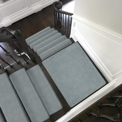PURE ERA Carpet Stair Treads Ultra Plush 9.5" X 30"Soft Bullnose Indoor Stair Protectors Pet-Friendly Non-Slip Skid Resistant Tape Free Washable Reusable(14 Pieces, Cream Gray)