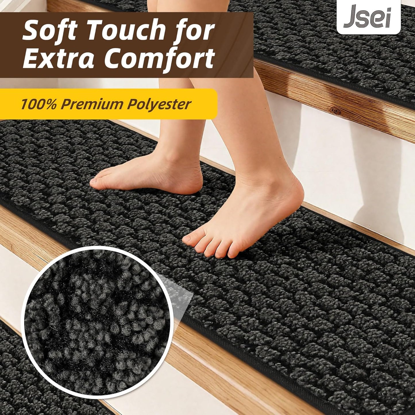 JSEI Stair Treads for Wooden Steps, 14 Pack 9" X 28" Non-Slip Machine Washable Carpet Stair Treads with TPE Backing, Soft Indoor Stair Rug Runner for Kids Elders & Pets, 100% Polyester, Greyish Brown
