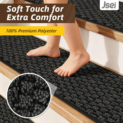 JSEI Stair Treads for Wooden Steps, 14 Pack 9" X 28" Non-Slip Machine Washable Carpet Stair Treads with TPE Backing, Soft Indoor Stair Rug Runner for Kids Elders & Pets, 100% Polyester, Greyish Brown
