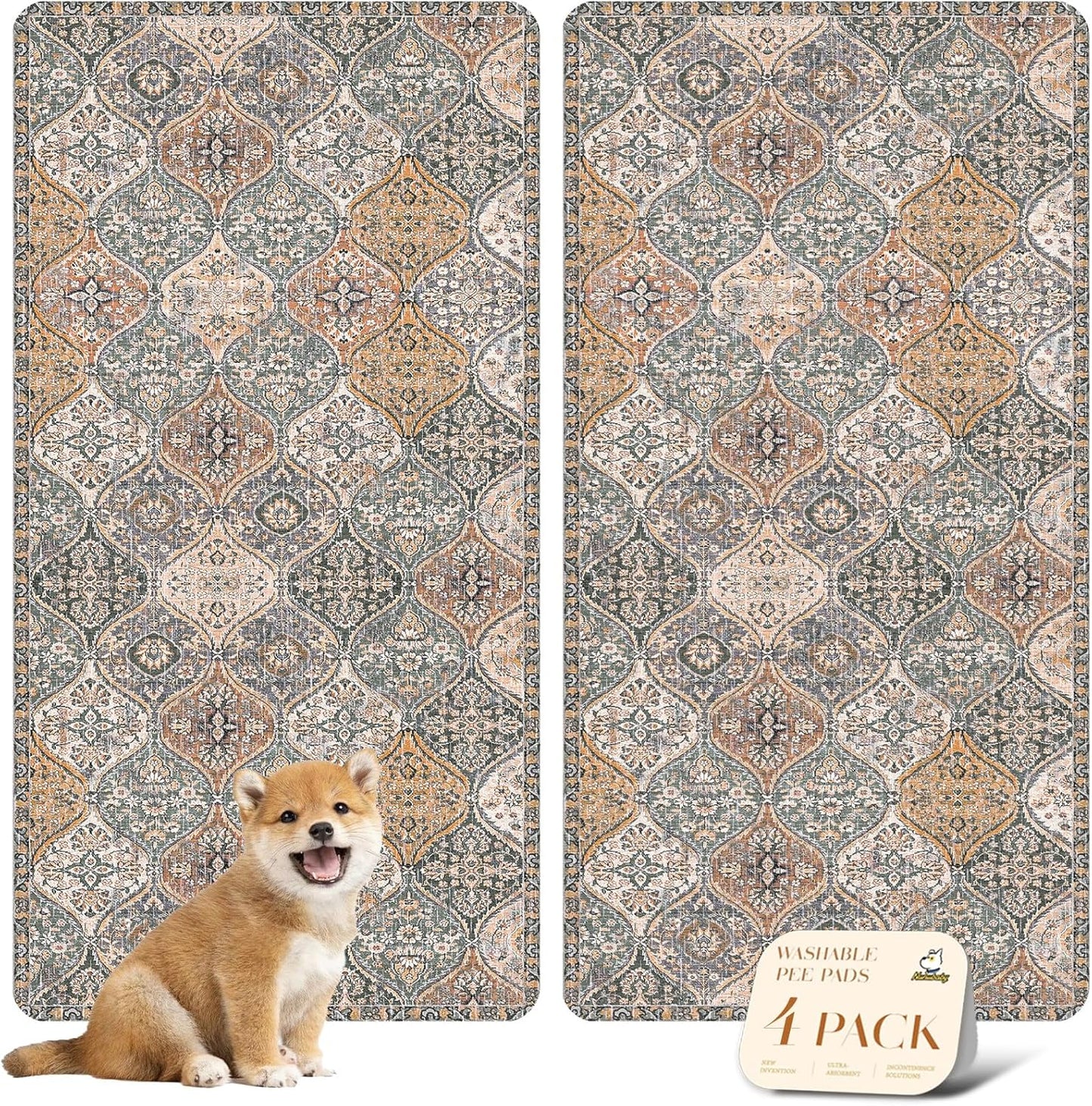 nunubaby Washable Pee Pads for Dogs, Stylish, Non-Slip and Leak-Proof Pee Pads. Reusable Potty Pads for Dogs for Crates and Floors.(Beige/Multi, 24" x48" )