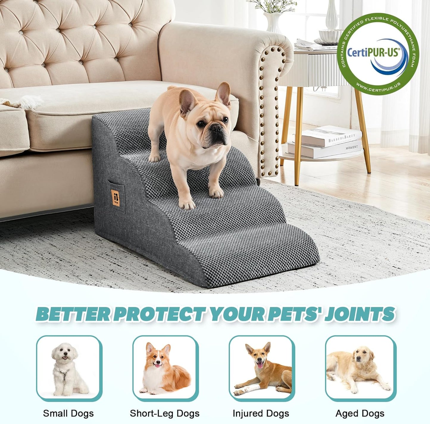IFNOW Dog Stairs for Small Dogs 15.7''H, 4-Step Sturdy Dog Steps for Bed, Couch, Sofa, Waterproof Pet Stairs for Older Cats, Puppy, Removable Washable Cover, Non-Slip Curved Pet Ramp Indoor, Grey