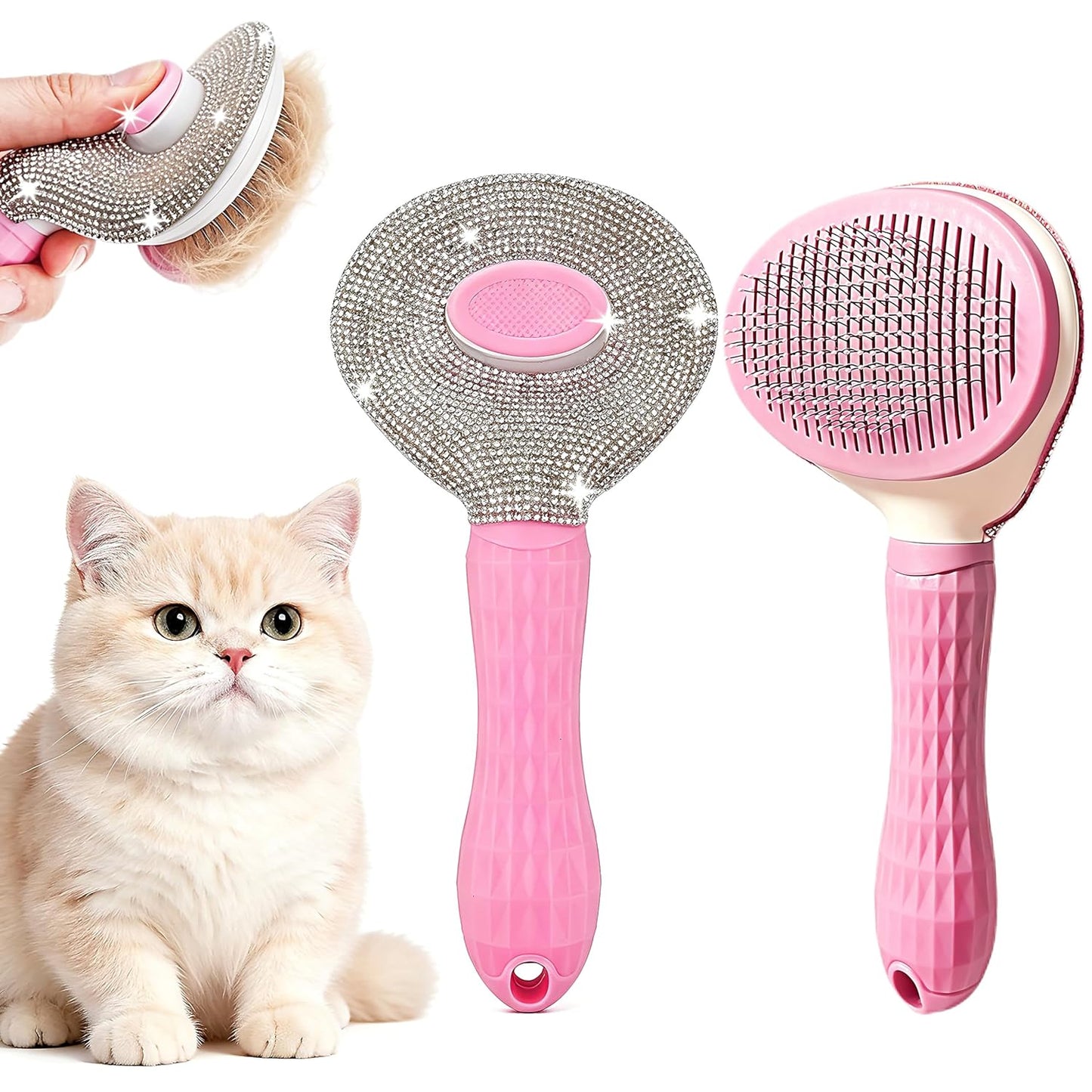 Diamond Rhinestone Cat Hair Brush Deshedding Brush Dog Hair Remover Tool Stainless Steel Comb Slicker Brush with Release Button for Dog Cat Rabbit Shedding Pets Grooming (Pink)
