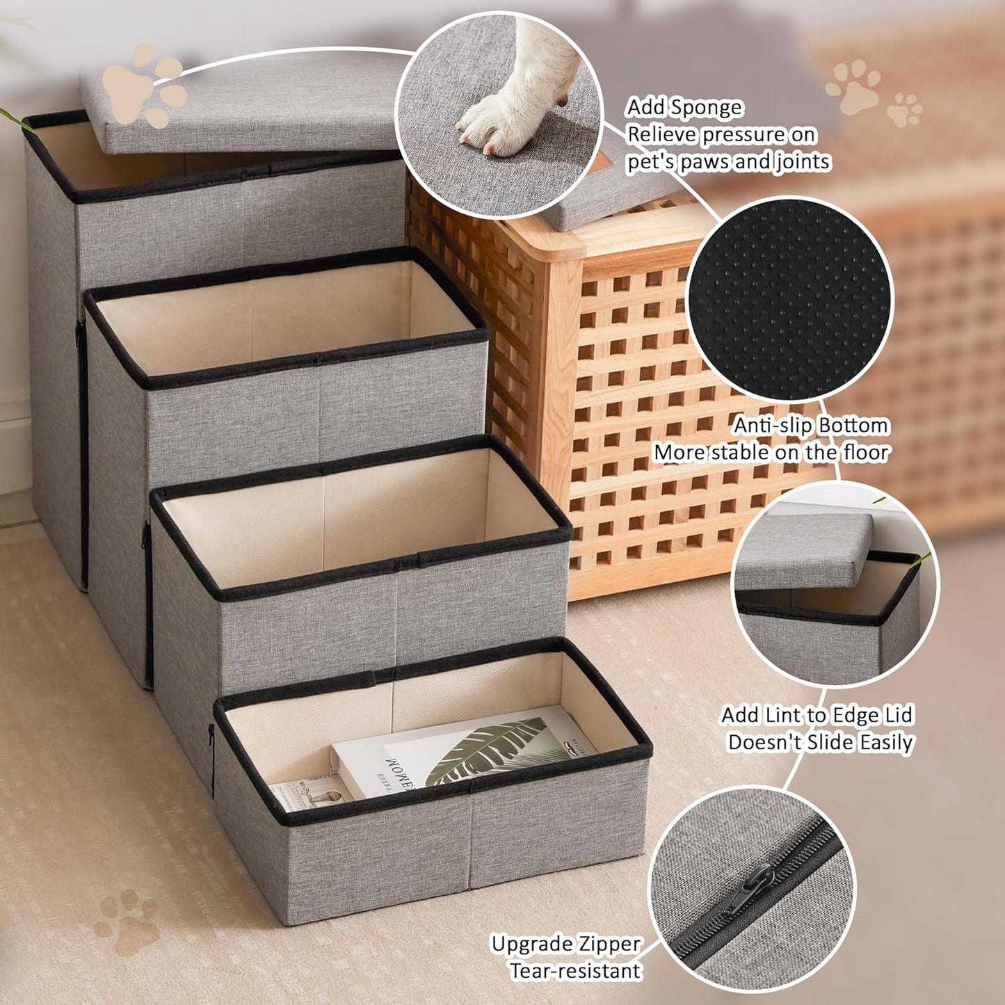 Love's cabin Dog Stairs with Storage 13" H, Foldable Pet Stairs for Small Medium or Large Dogs, Cat Puppy Steps Ramp with Zip up to 150 lbs, Solid Grey, 2 Steps