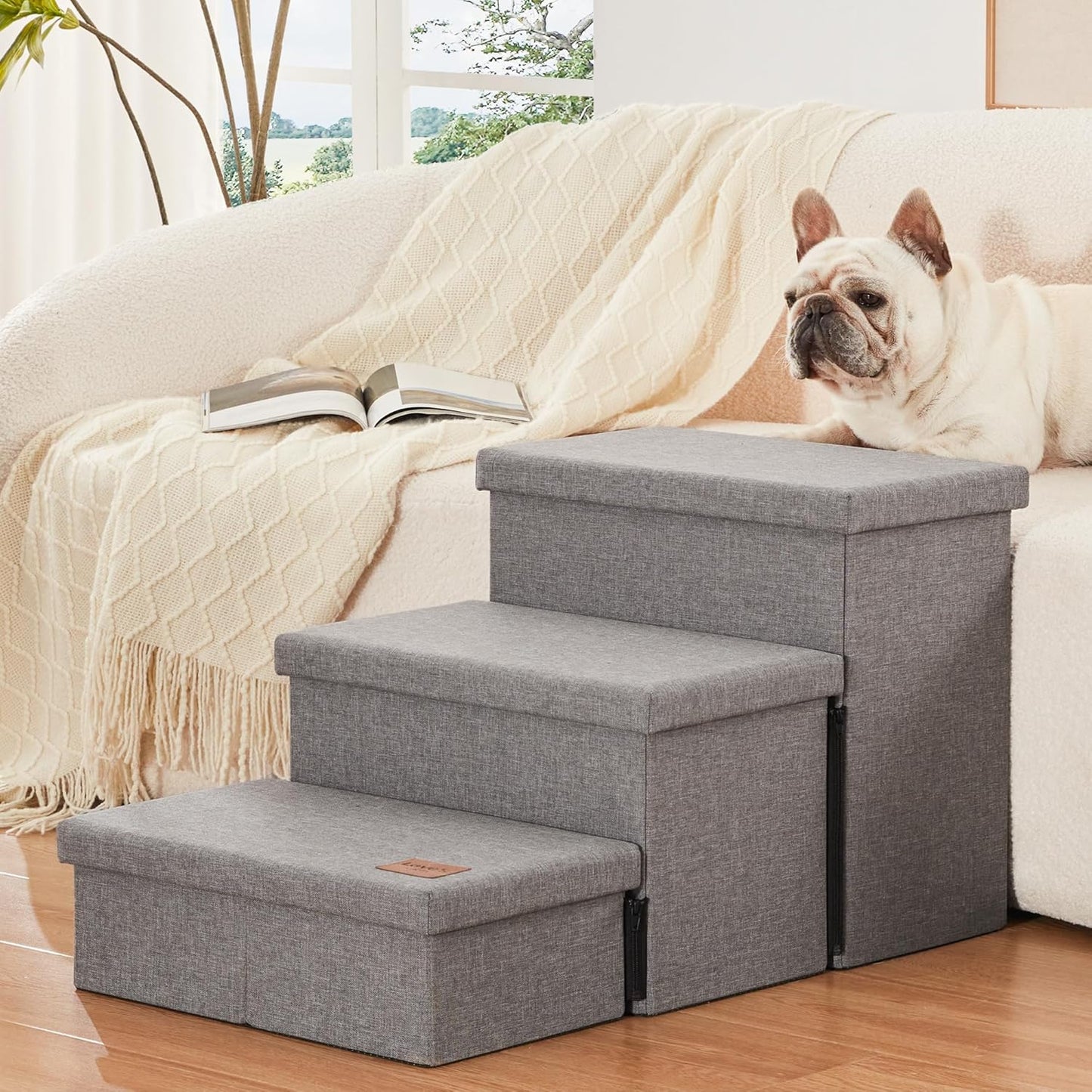 Love's cabin Dog Stairs with Storage 13" H, Foldable Pet Stairs for Small Medium or Large Dogs, Cat Puppy Steps Ramp with Zip up to 150 lbs, Solid Grey, 2 Steps