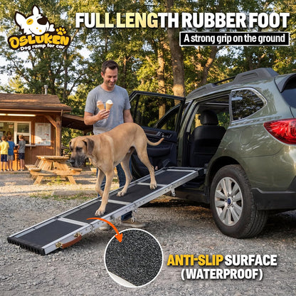 71" Aluminum Alloy Dog Ramp for Car SUV Truck Side Door, Foldable Outdoor Pet Ramp with Adjustable Support Head, Non-Slip Traction Surface, Sturdy Ramp for Large Dogs Up to 200 LBS (5 Folded)