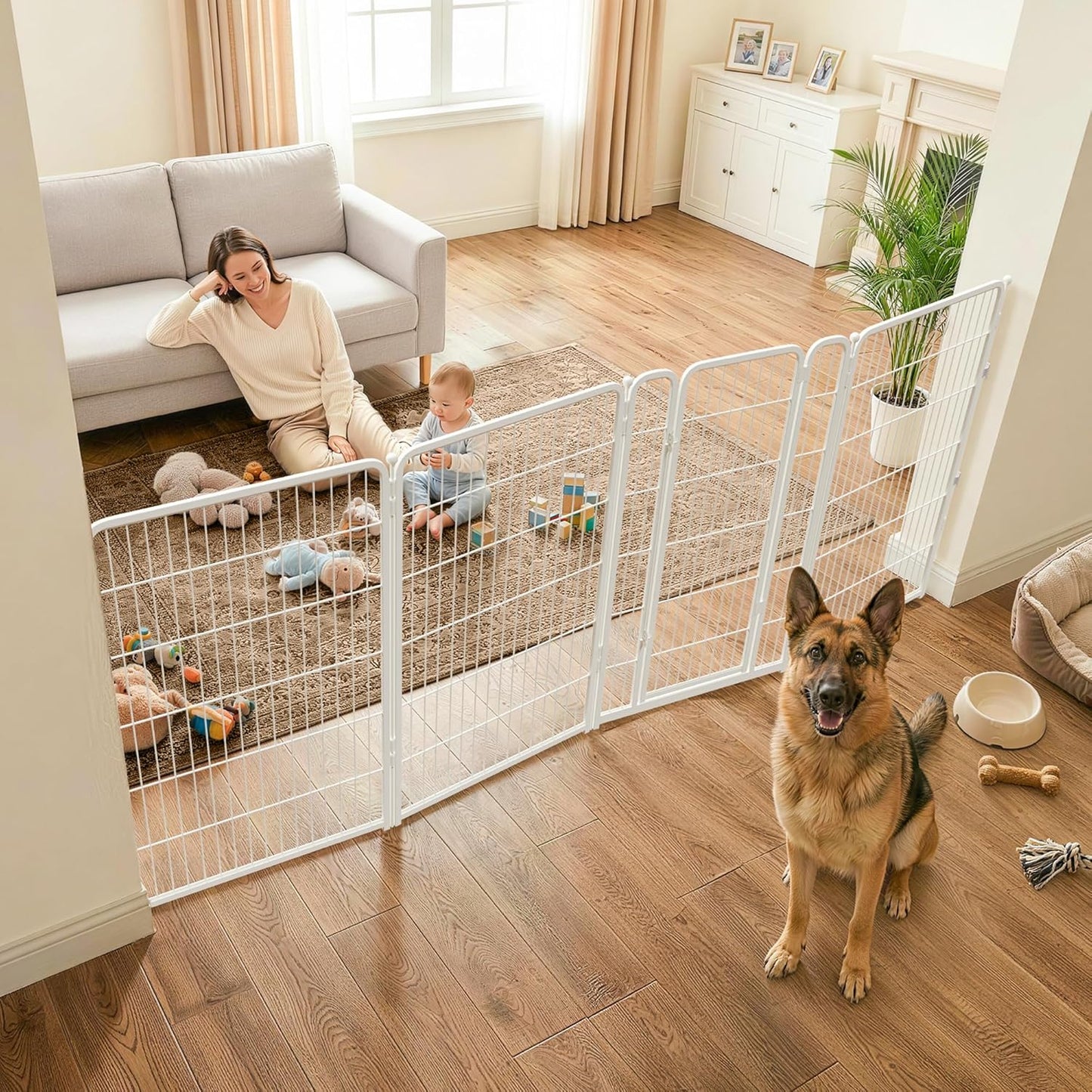 FXW Dog Gate Extra Wide Designed for Indoor Use, Adjustable Width Up to 183-inch Wide (24" H 8 Wire Panels for Puppies and Small Dogs), Black