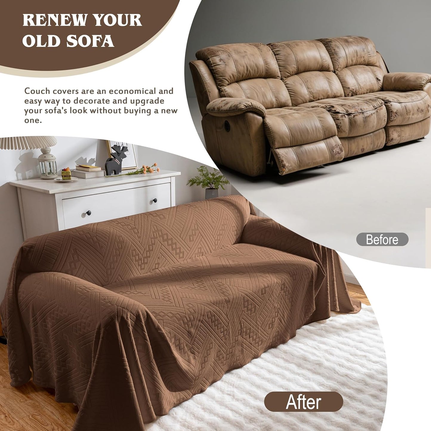 Waterproof Couch Cover, Reversible, Pet-Friendly, Washable and Anti-Slip Couch Covers for Sofa Protection with 3 Cushions, Sofa Slipcovers for Dogs and Cats (71×118in/Brown)