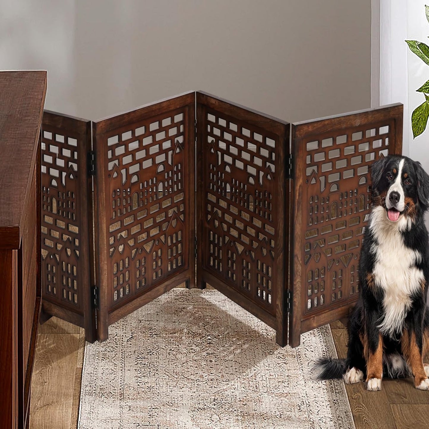 Freestanding Pet Gate for Dogs, Foldable Wooden Dog Gate for House, Indoor Dog Gate for Stair, Doorway, House Design Gates for Dogs Indoor, 72 Inch Wide, (18" x4 Panels 72 inch), Burnt Finish