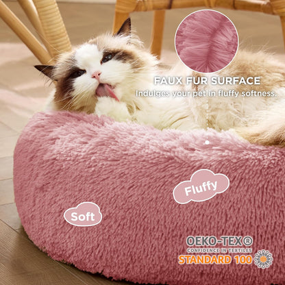 Bedsure Calming Dog Bed Medium Size Dog - Donut Washable Medium Pet Bed, 30 inches Anti-Slip Round Fluffy Plush Faux Fur Cat Bed, Fits up to 45 lbs Pets, Camel