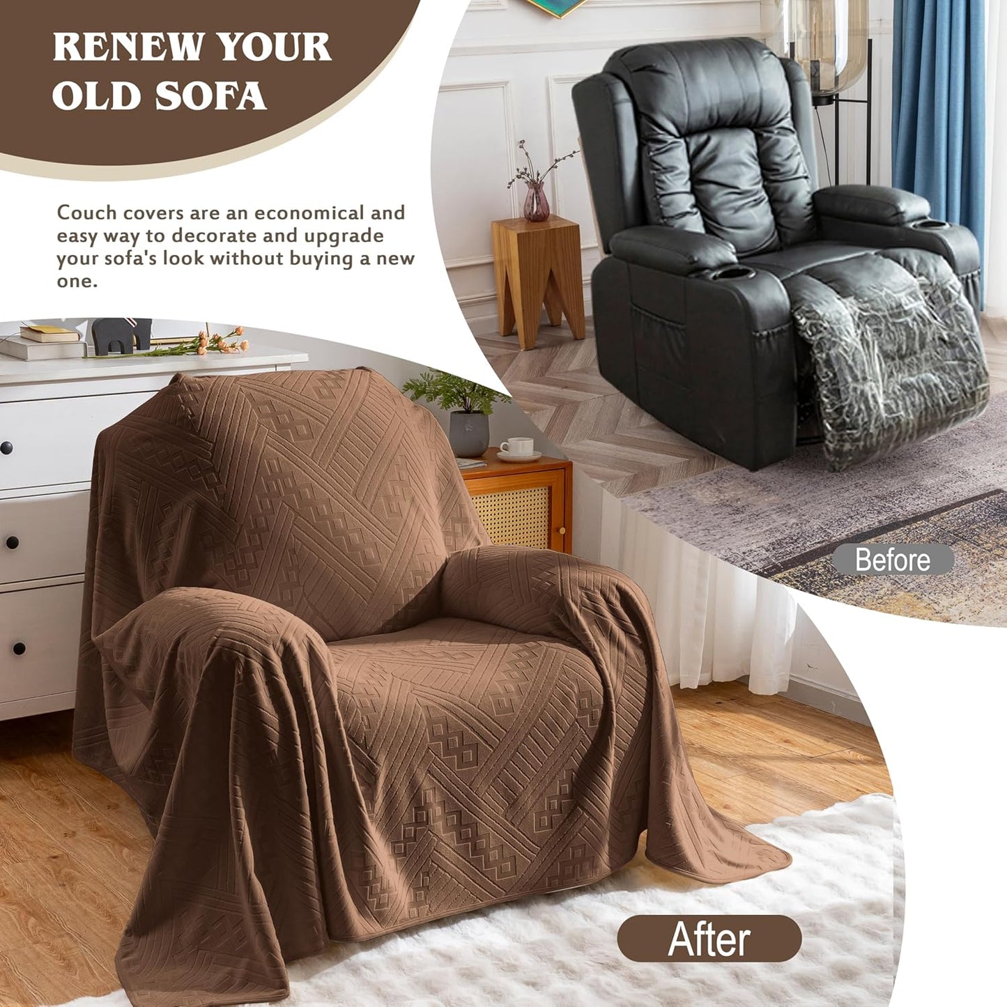 Waterproof Couch Cover, Reversible, Pet-Friendly, Washable and Anti-Slip Couch Covers for Sofa Protection with 3 Cushions, Sofa Slipcovers for Dogs and Cats (71×118in/Brown)