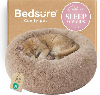 Bedsure Calming Dog Bed Medium Size Dog - Donut Washable Medium Pet Bed, 30 inches Anti-Slip Round Fluffy Plush Faux Fur Cat Bed, Fits up to 45 lbs Pets, Camel