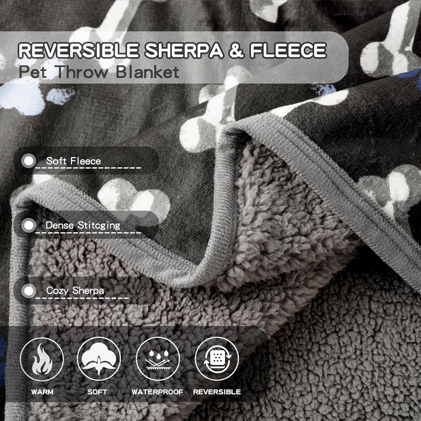 Waterproof Dog Blankets Pet Blanket 50"x60", Soft Fluffy Sofa Car Bed Protector, Reversible Sherpa Fleece Dog Blanket for Large Dogs (Dark Grey-Paws)