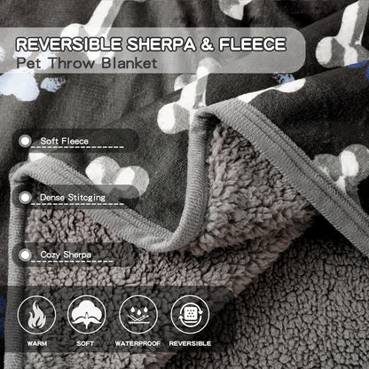 Waterproof Dog Blankets Pet Blanket 50"x60", Soft Fluffy Sofa Car Bed Protector, Reversible Sherpa Fleece Dog Blanket for Large Dogs (Dark Grey-Paws)