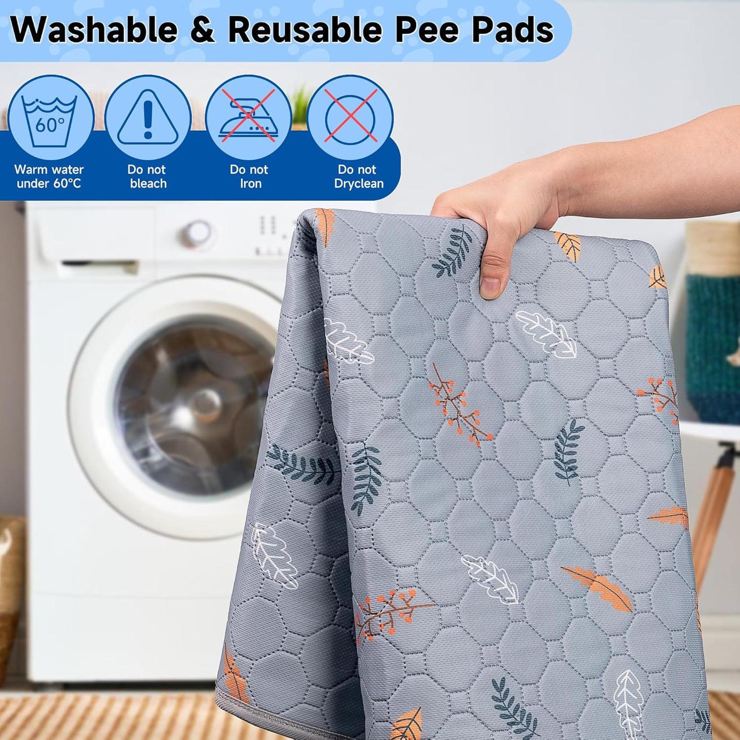 Sunheir Washable Pee Pads for Dogs Large 48" x 48" 2-Pack Reusable Puppy Pads Pet Training Pads, Absorb Dog Mats, Whelping Pad, Non-Slip Protects Against Urine Leakage (Leaves - Deep Grey, 48x48)