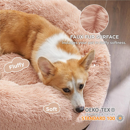 Bedsure Calming Dog Bed Medium Size Dog - Donut Washable Medium Pet Bed, 30 inches Anti-Slip Round Fluffy Plush Faux Fur Cat Bed, Fits up to 45 lbs Pets, Camel