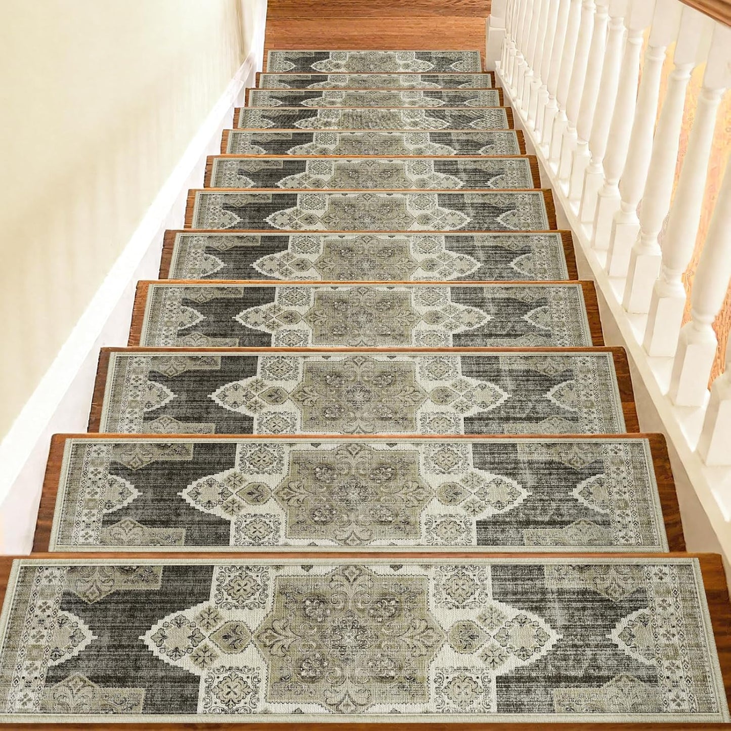 Non Slip Stair Treads for Wooden Steps Indoor, Dark Grey, 15pcs, 30"X8", Soft Carpet Mat, Machine Washable Boho Carpet Treads with Reusable Adhesive Backing, Safety Stair Tread for Dogs, Kids, Elders