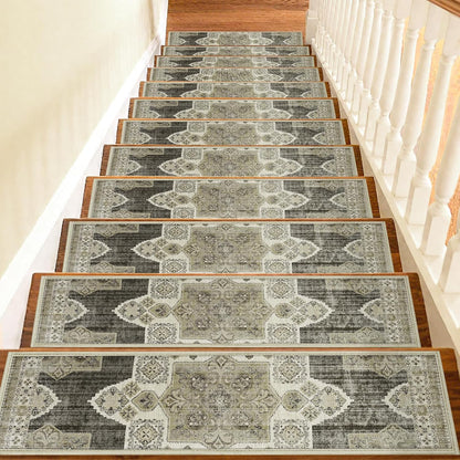Non Slip Stair Treads for Wooden Steps Indoor, Dark Grey, 15pcs, 30"X8", Soft Carpet Mat, Machine Washable Boho Carpet Treads with Reusable Adhesive Backing, Safety Stair Tread for Dogs, Kids, Elders