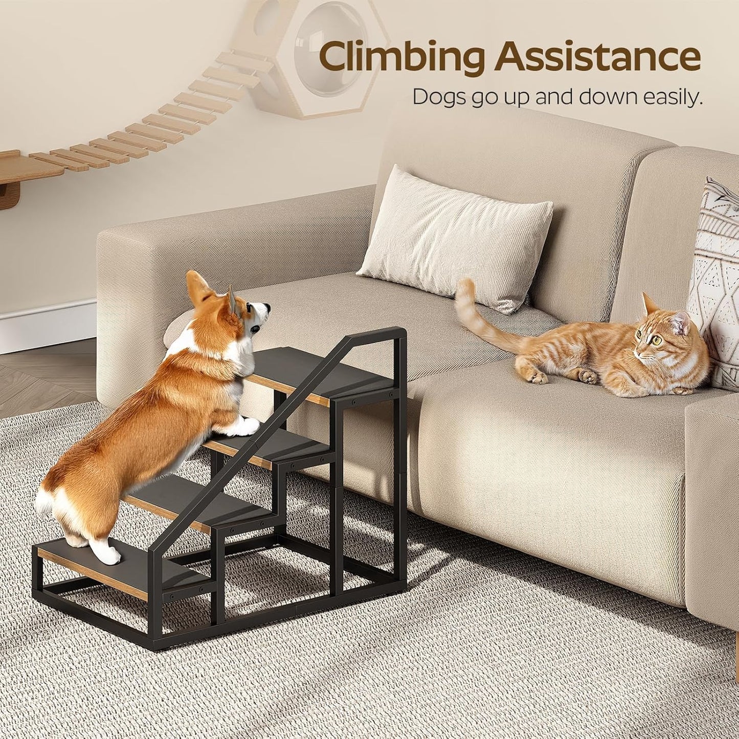 YATINEY Dog Stairs for Small Dogs, 4-Steps Dog Steps for High Beds and Couch, 20.5”H Pet Steps with Non-Slip, Rustic Brown and Black LT01BR