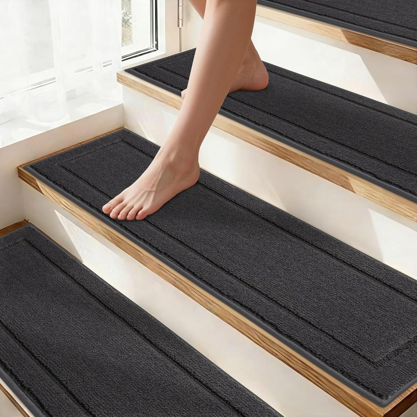 Non-Slip Stair Treads for Wooden Steps Indoor, 15 Pack 8" X 30" Edging Stair Rugs with TPE Backing, Carpet Stair Treads for Kids Elders & Pets, 100% Polyester Soft Stair Runners, Brown