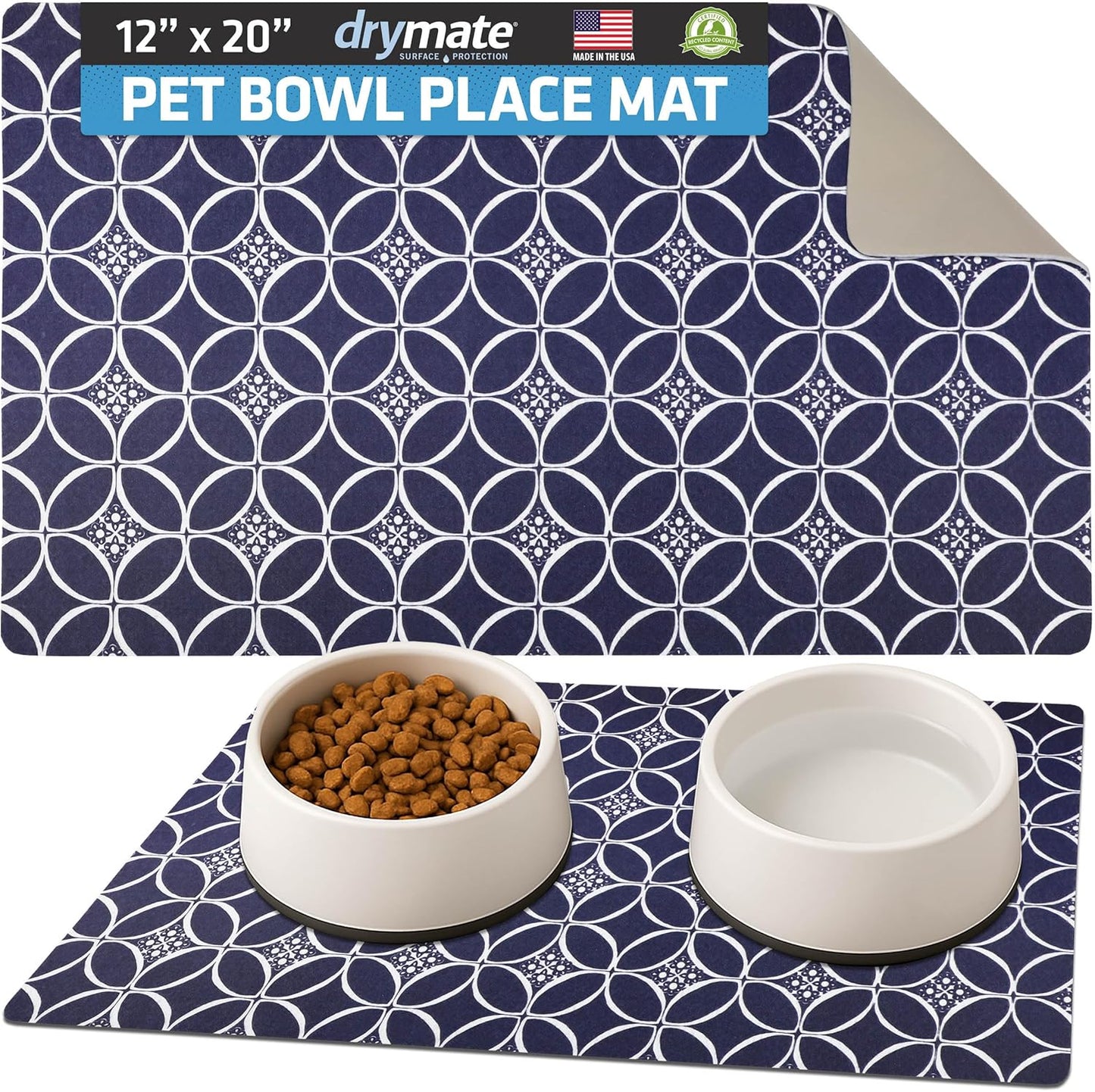 Drymate Pet Bowl Placemat, Dog & Cat Food Feeding Mat - Absorbent Fabric, Waterproof Backing, Slip-Resistant - Machine Washable/Durable (USA Made) (12” x 20”) (Indigo)