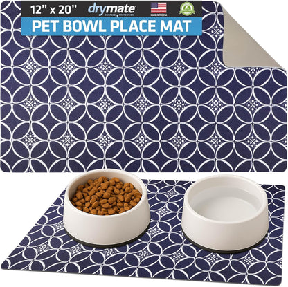 Drymate Pet Bowl Placemat, Dog & Cat Food Feeding Mat - Absorbent Fabric, Waterproof Backing, Slip-Resistant - Machine Washable/Durable (USA Made) (12” x 20”) (Indigo)