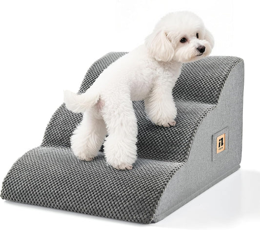 IFNOW Dog Stairs for Small Dogs 15.7''H, 4-Step Sturdy Dog Steps for Bed, Couch, Sofa, Waterproof Pet Stairs for Older Cats, Puppy, Removable Washable Cover, Non-Slip Curved Pet Ramp Indoor, Grey