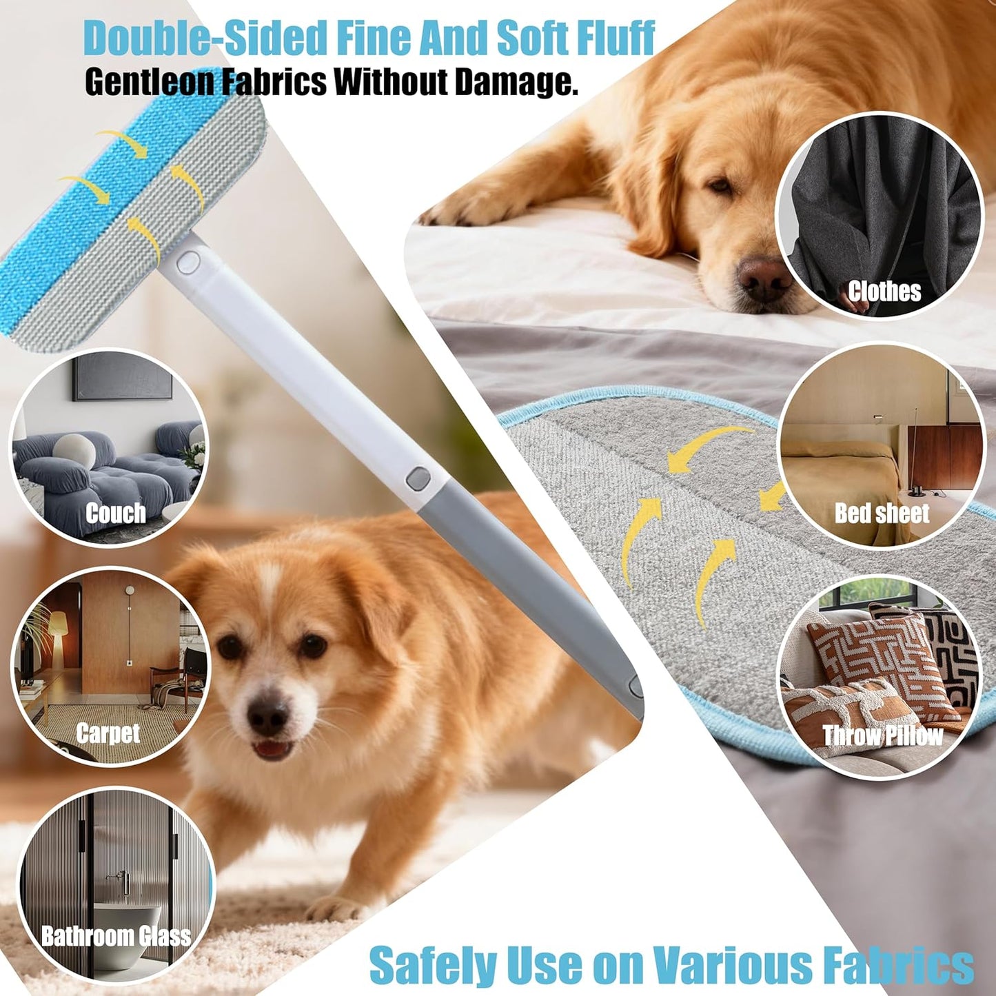 Magic pet Hair Remover Set for Dogs & Cats, Includes 4-in-1 Extended Handle Hair Brush, Hair Glove & Free Metal Storage Hook, Works Great on couches, Carpets, Furniture, car Seats and Hard Surfaces.