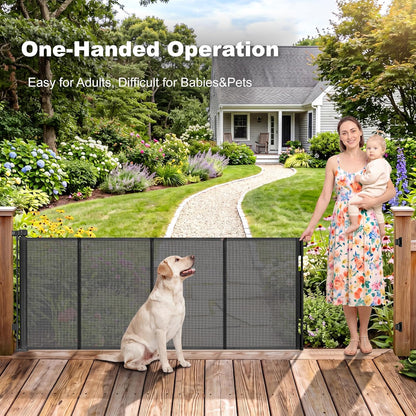 108" Wide Weatherproof Outdoor Retractable Dog Gates Extra Wide with Rust-Proof Stainless Steel Hardware& Waterproof Mesh, Reinforced 9 Ft Extra Long Retractable Baby Gate to Prevent Crawling Through