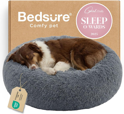 Bedsure Calming Dog Bed Medium Size Dog - Donut Washable Medium Pet Bed, 30 inches Anti-Slip Round Fluffy Plush Faux Fur Cat Bed, Fits up to 45 lbs Pets, Camel