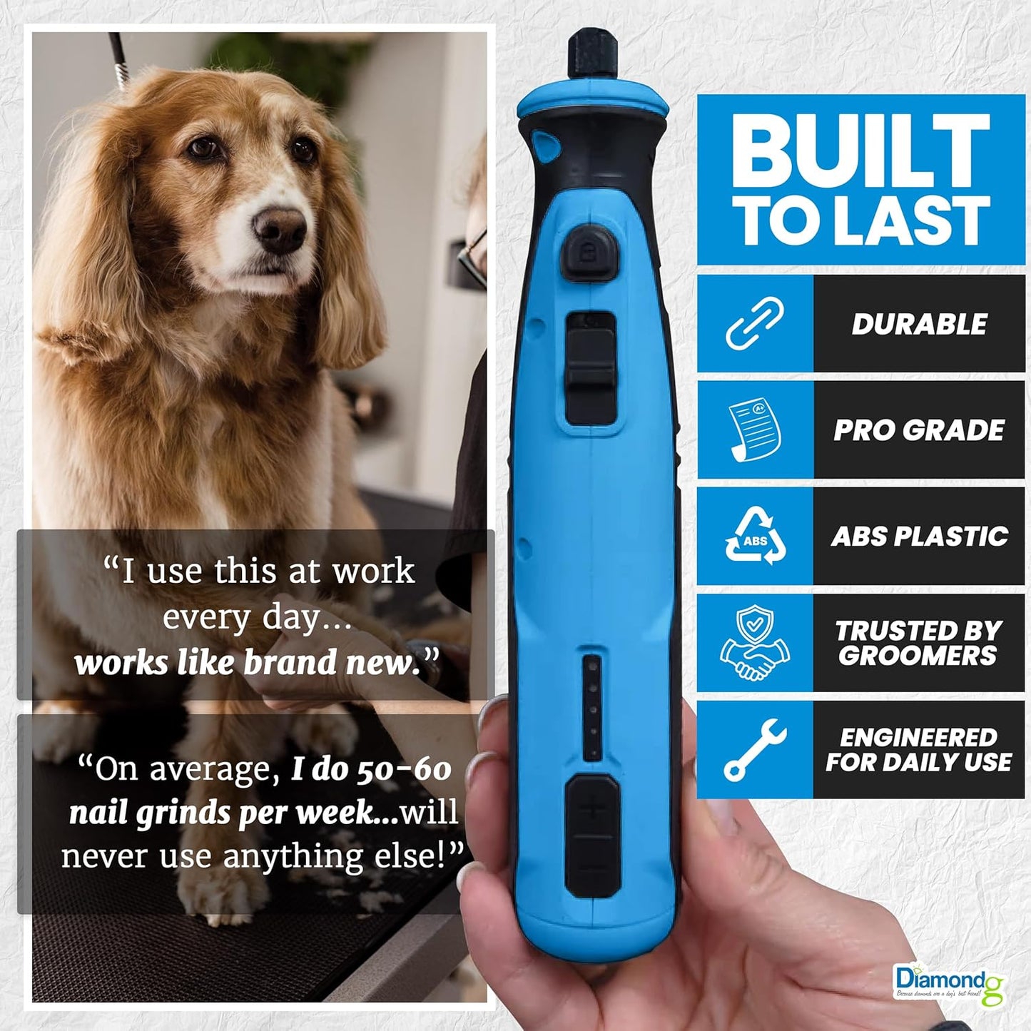 Diamondg Cordless Dog Nail Grinder with Quiet Sound & LED Tip for Large & Small Dogs, 4hrs. Runtime - Electric Dog Nail Trimmer, Heavy Duty Rotary Tool Alternative to Toenail Clippers & Filers