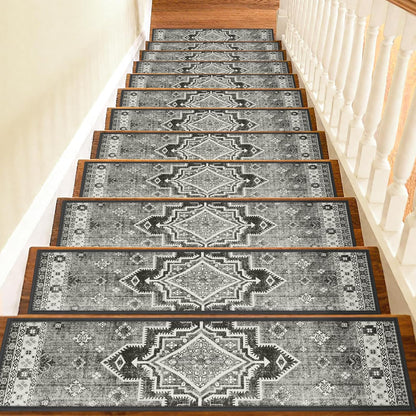 Non Slip Stair Treads for Wooden Steps Indoor, Dark Grey, 15pcs, 30"X8", Soft Carpet Mat, Machine Washable Boho Carpet Treads with Reusable Adhesive Backing, Safety Stair Tread for Dogs, Kids, Elders