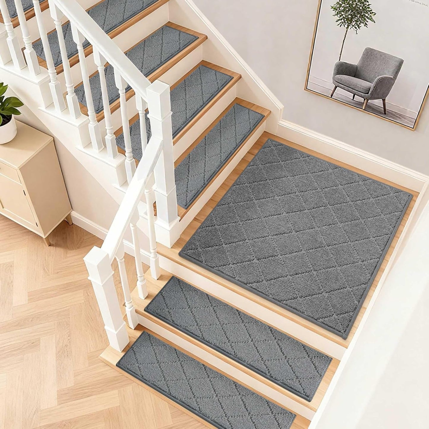COSY HOMEER Edging Stair Treads Non-Slip Carpet Mat 28inX9in Indoor Stair Runners for Wooden Steps, Edging Stair Rugs for Kids and Dogs, 100% Polyester TPE Backing (7pc, Beige)