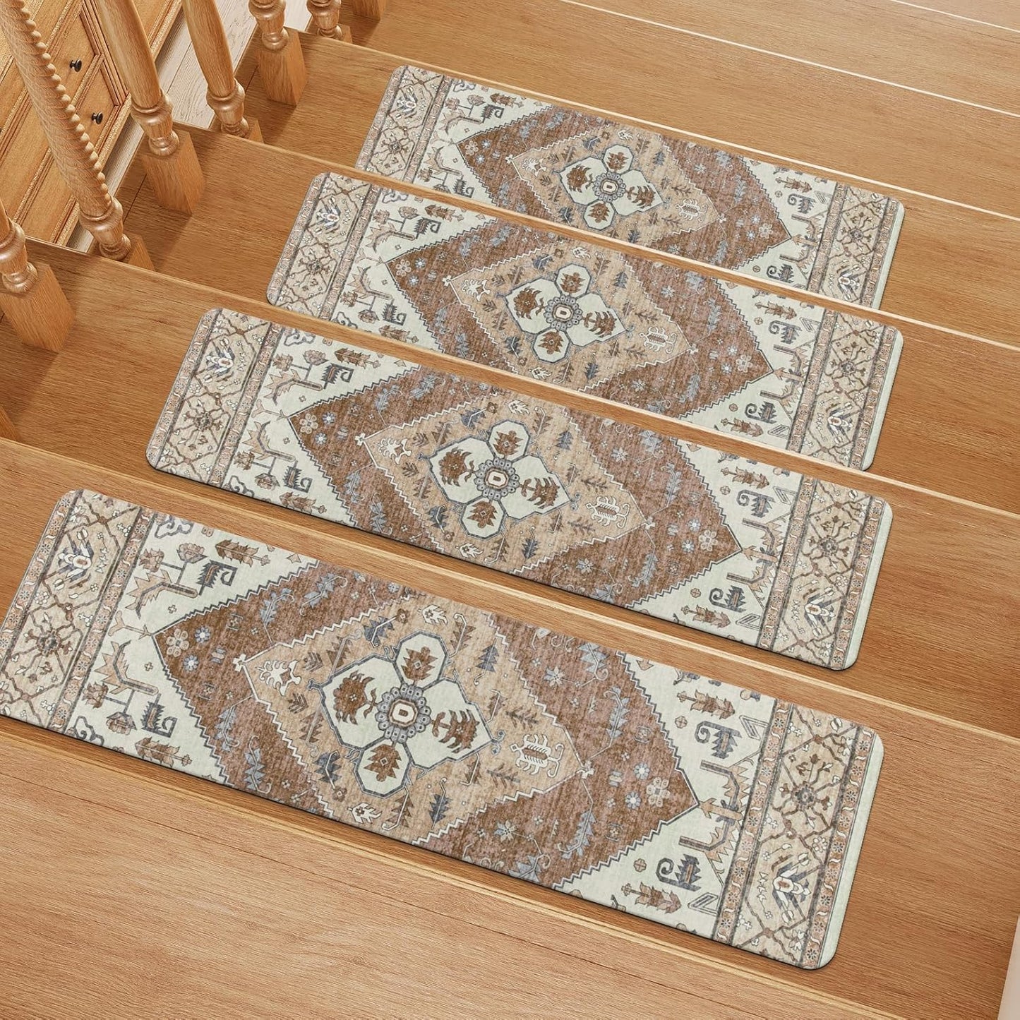 OJIA Non-Slip Carpet Stair Treads for Wooden Steps Set of 15, 30''X8'' Indoor Runner Resistant Rugs Rubber Safety Mats for Dogs, Kids & Elders, Stairway Grip