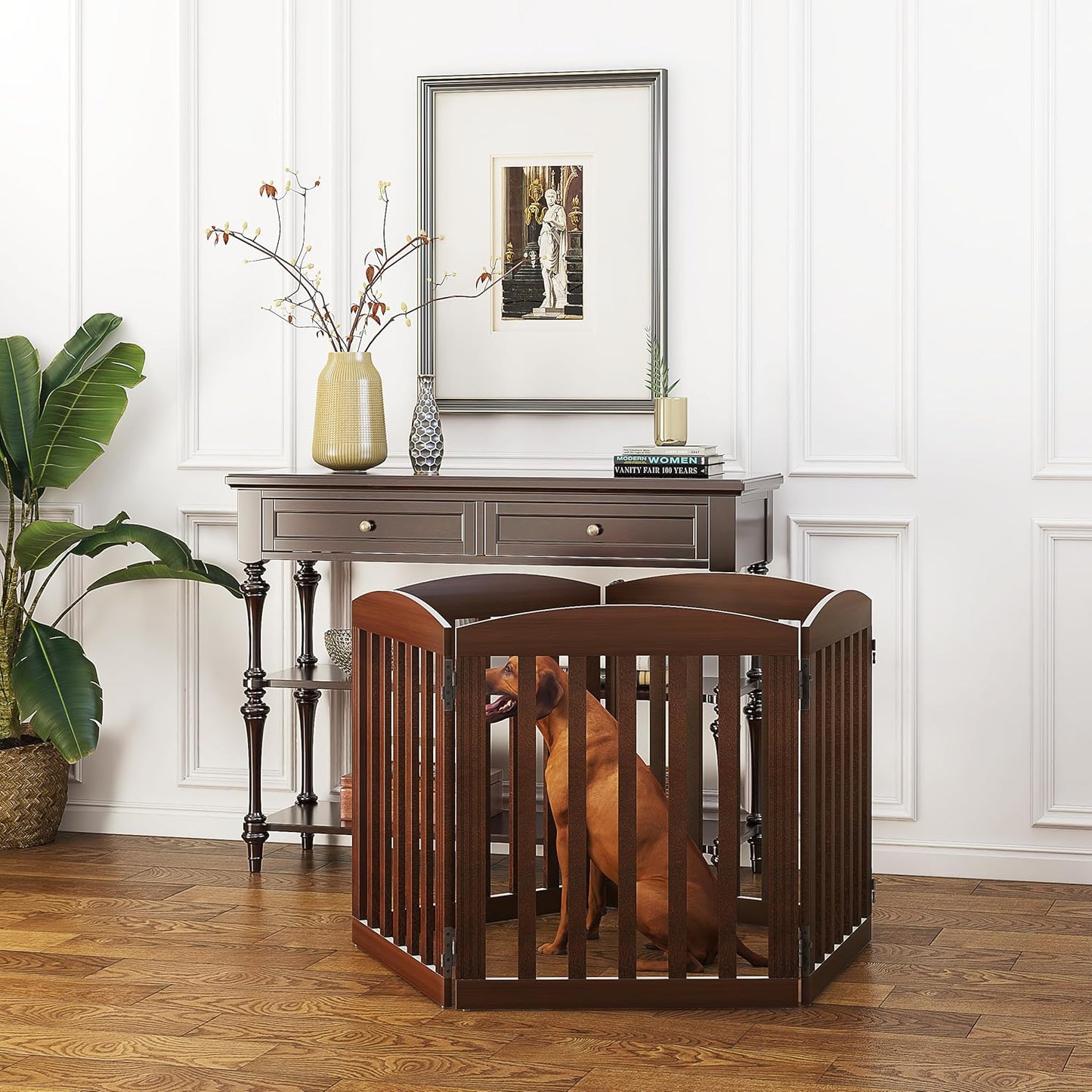 SPIRICH 96" Extra Wide 28" Tall Wooden Freestanding Foldable Dog Gate, Pet Gate Indoor, 4 Panels, White
