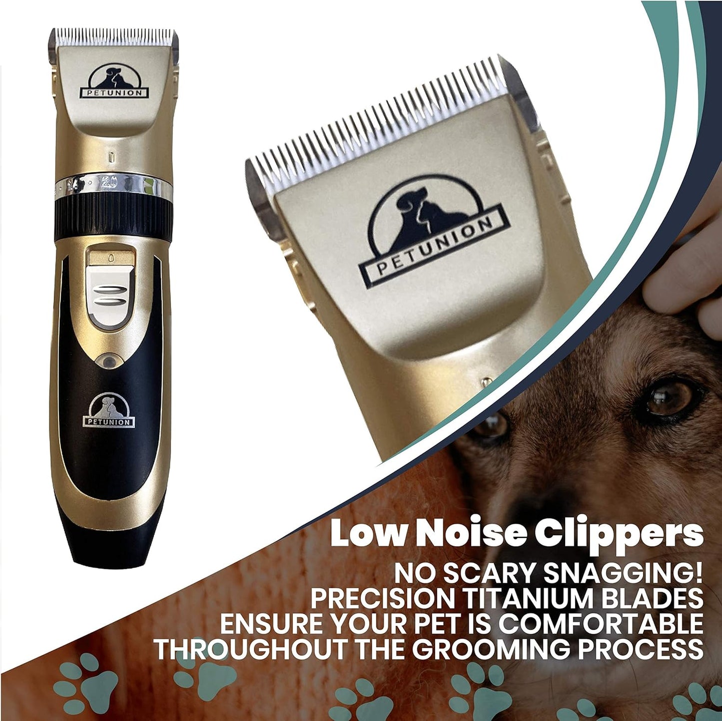 Pet Union Professional Dog Grooming Kit - Cordless Low Noise Dog Clippers for Grooming Thick Coats - All Pet Safe Cat Hair Trimmer - Pet Grooming Kit Includes Dog Hair Clippers, Nail Trimmer & Shears